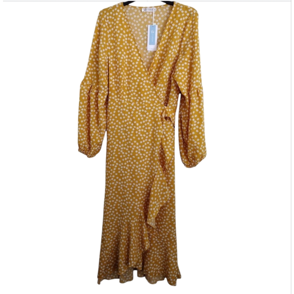 Cupshe Yellow And White Floral Print Beach Swim Coverup Wrap Dress Size XL